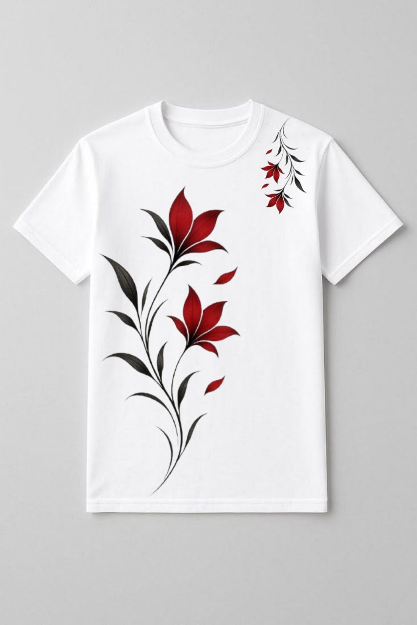 Elegant Red Floral Print Women's White T-Shirt
